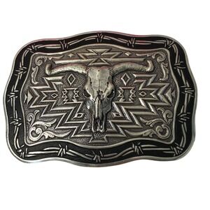 Crumrine Belt Buckle Mens Longhorn Steer Skull Western Silvertone Barbed Wire